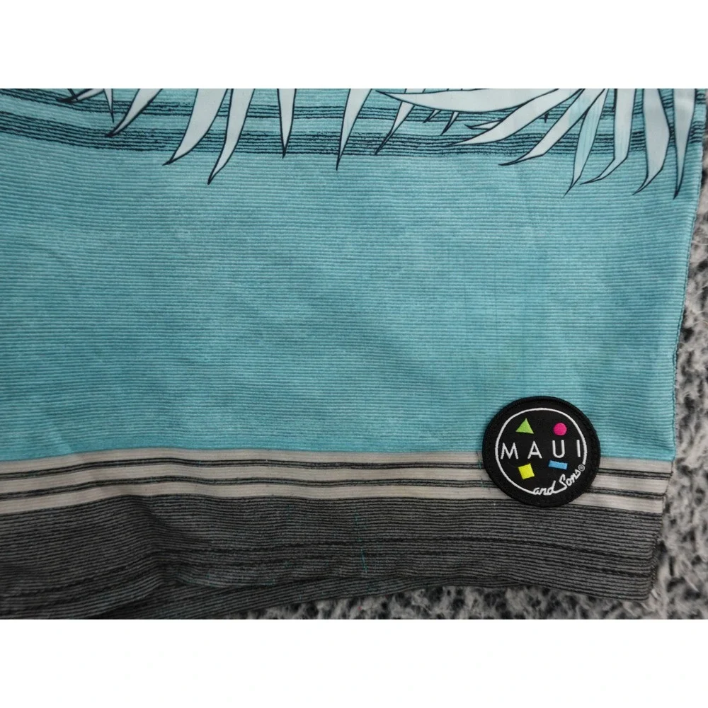 Maui and Sons Mens Board Shorts Teal Blue Palm Leaf Print‎ Elastic Waist 36